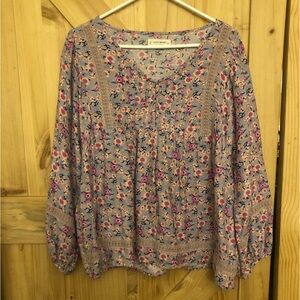 Lucky Brand Plus Size Floral Peasant Top With Pintuck Lace Long Sleeve Size. XXL